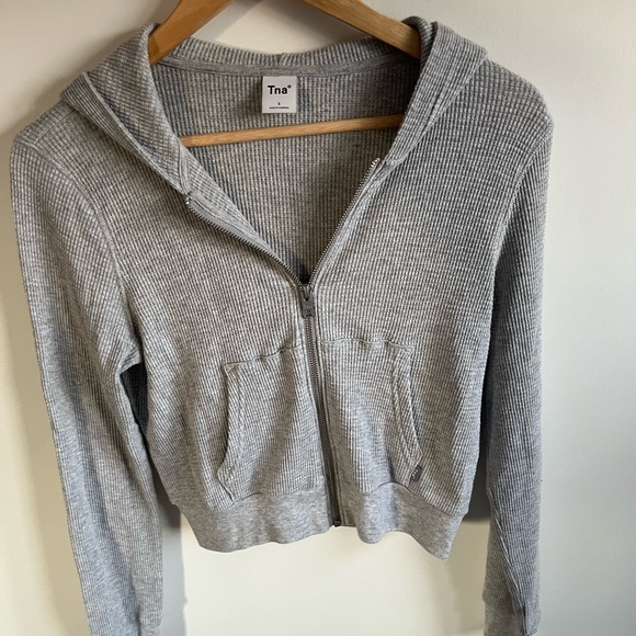 TNA ARITZIA Waffle Hoodie Sweatshirt Zip Up Grey - Picture 3 of 4